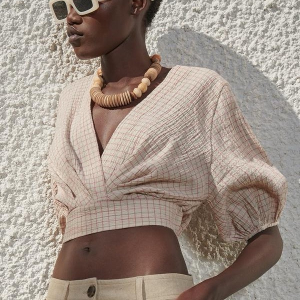 Zara Light Beige Checked Cropped V-Neck Top